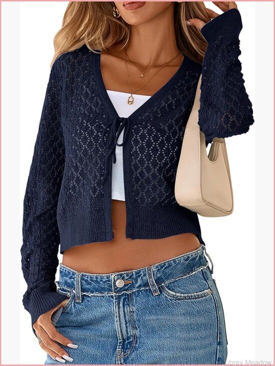 Sweaters - Crochet Cardigan Tie Front Shrug Long Sleeve Knit Cropped Top Boho